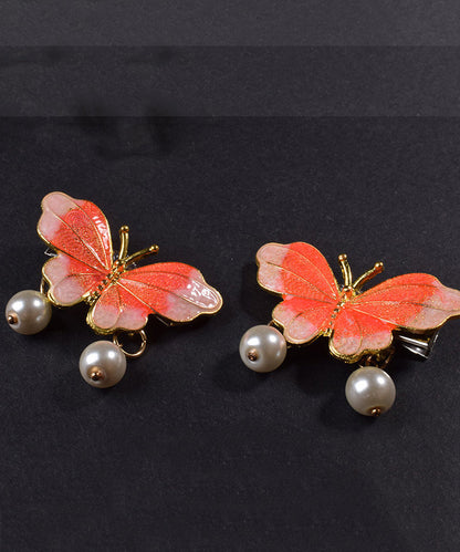 Retro Orange Ancient Gold Butterfly Pearl Tassel A Pair Hairpin