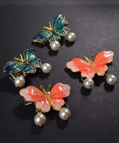 Retro Orange Ancient Gold Butterfly Pearl Tassel A Pair Hairpin