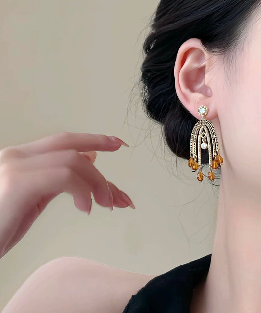 Retro Orange Copper Overgild Zircon Tassel Drop Earrings