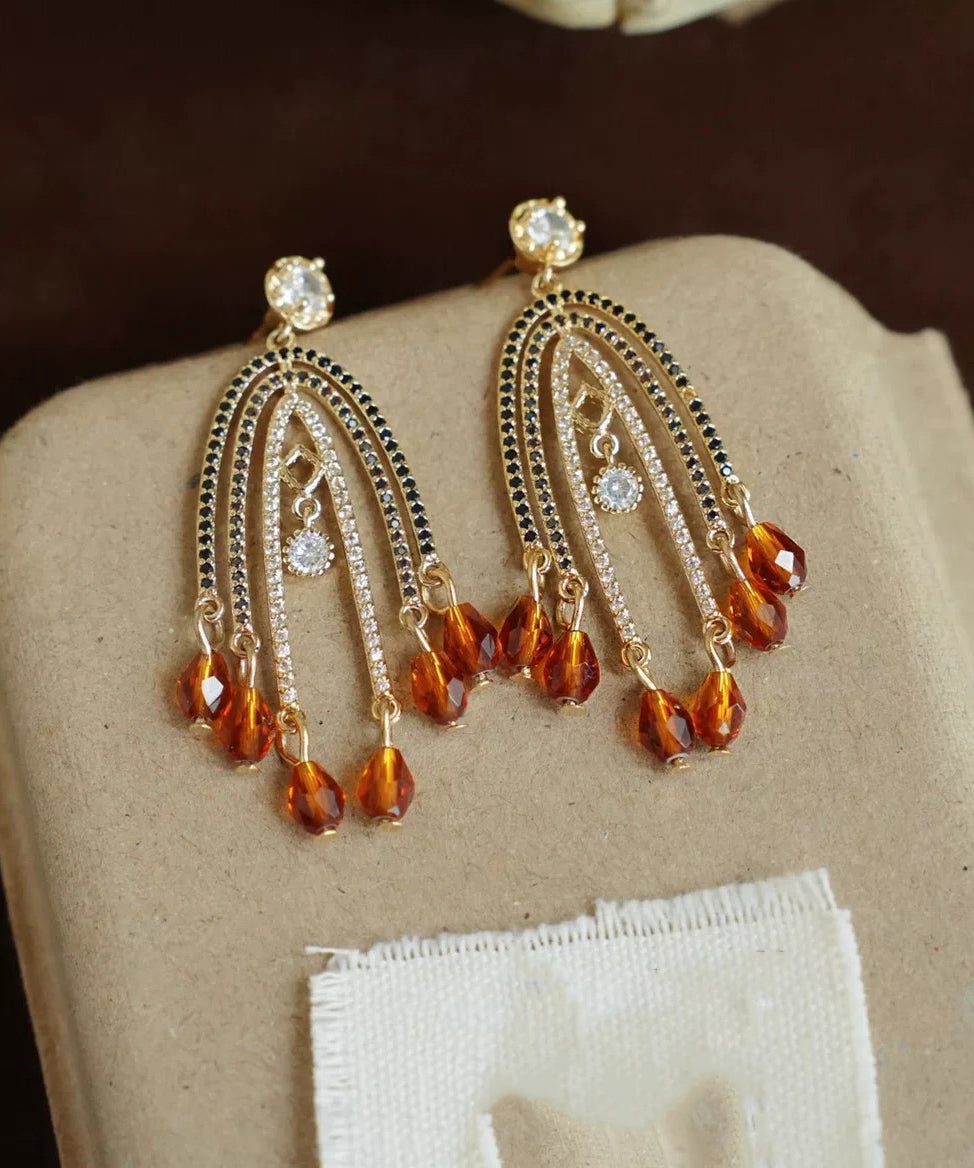 Retro Orange Copper Overgild Zircon Tassel Drop Earrings