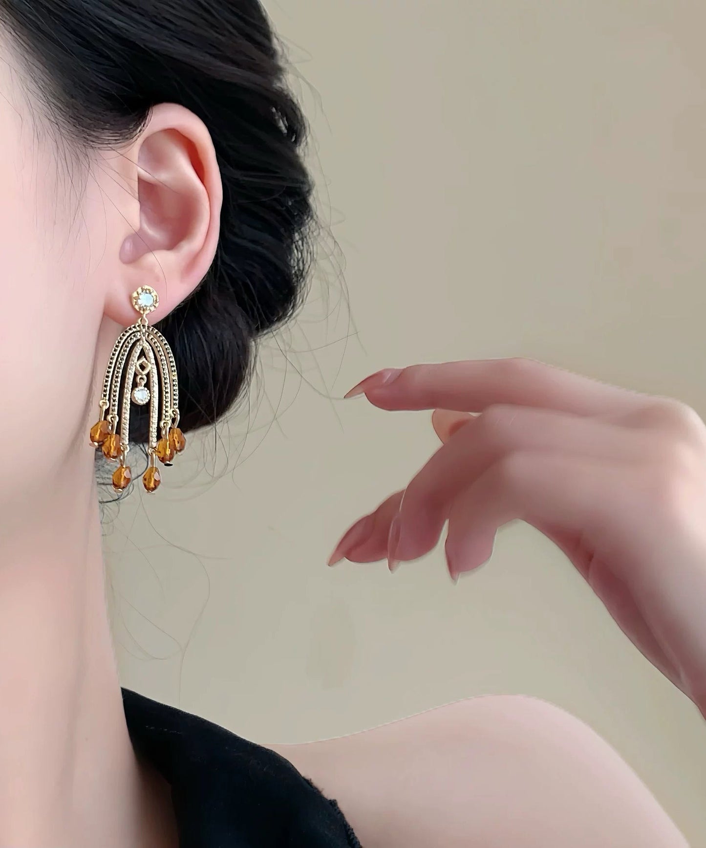 Retro Orange Copper Overgild Zircon Tassel Drop Earrings