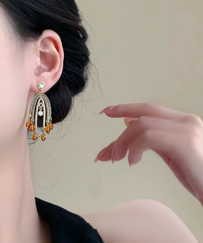 Retro Orange Copper Overgild Zircon Tassel Drop Earrings