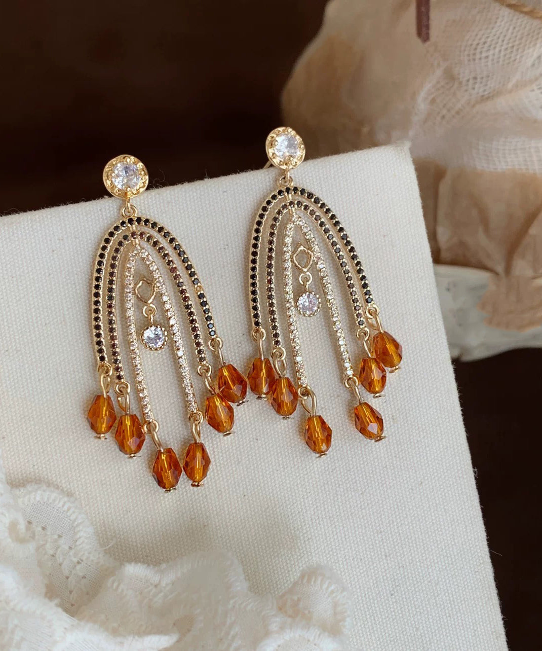 Retro Orange Copper Overgild Zircon Tassel Drop Earrings