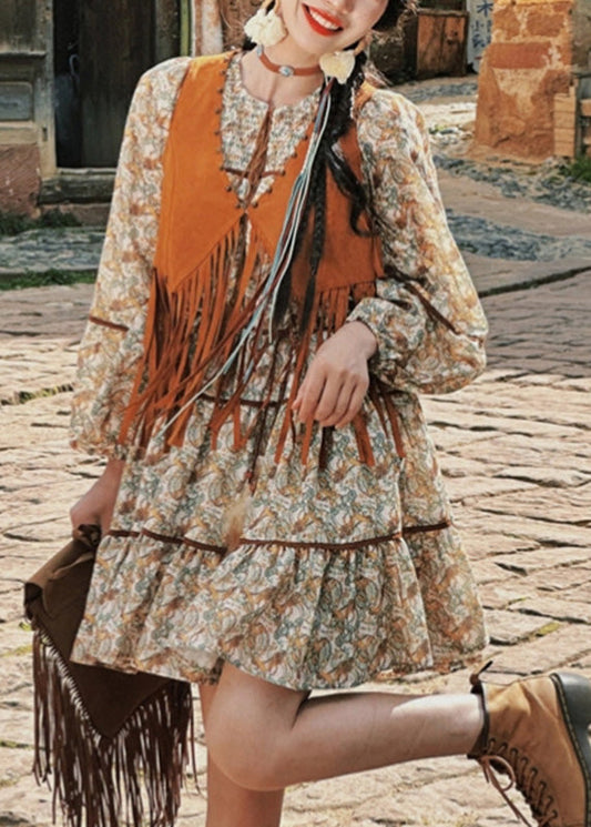 Retro Patchwork Tassel Waistcoat And Long Dress Two Pieces Set Lantern Sleeve