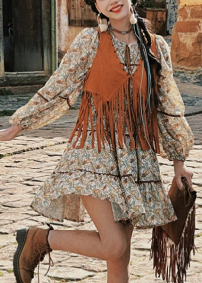 Retro Patchwork Tassel Waistcoat And Long Dress Two Pieces Set Lantern Sleeve
