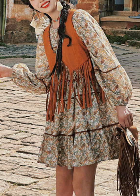 Retro Patchwork Tassel Waistcoat And Long Dress Two Pieces Set Lantern Sleeve