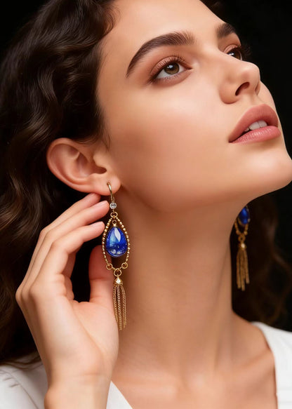 Retro Peacock Blue Water Droplet Gem Stone Tassels Drop Earring