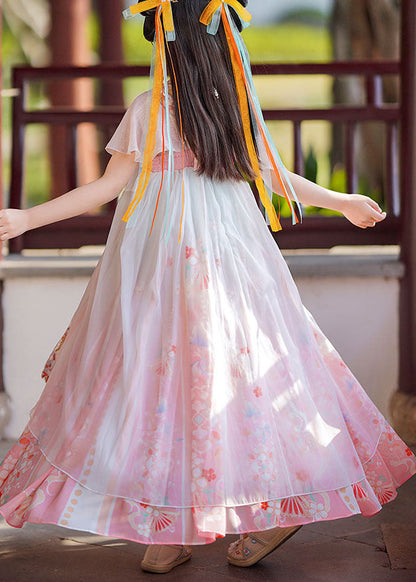 Retro Pink Print Wrinkled Patchwork Chiffon Kids Girls Long Dresses Summer