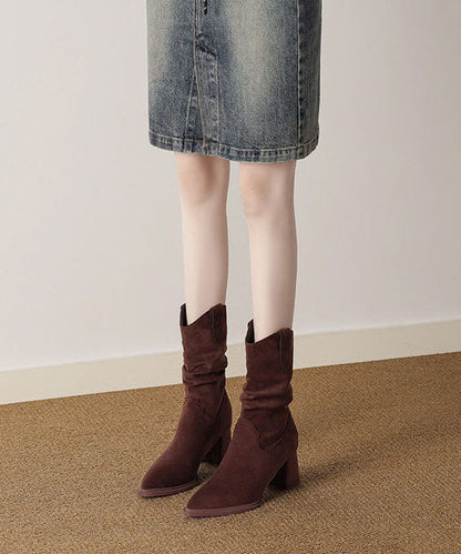 Retro Pointed Toe Chunky Boots Chocolate Faux Leather