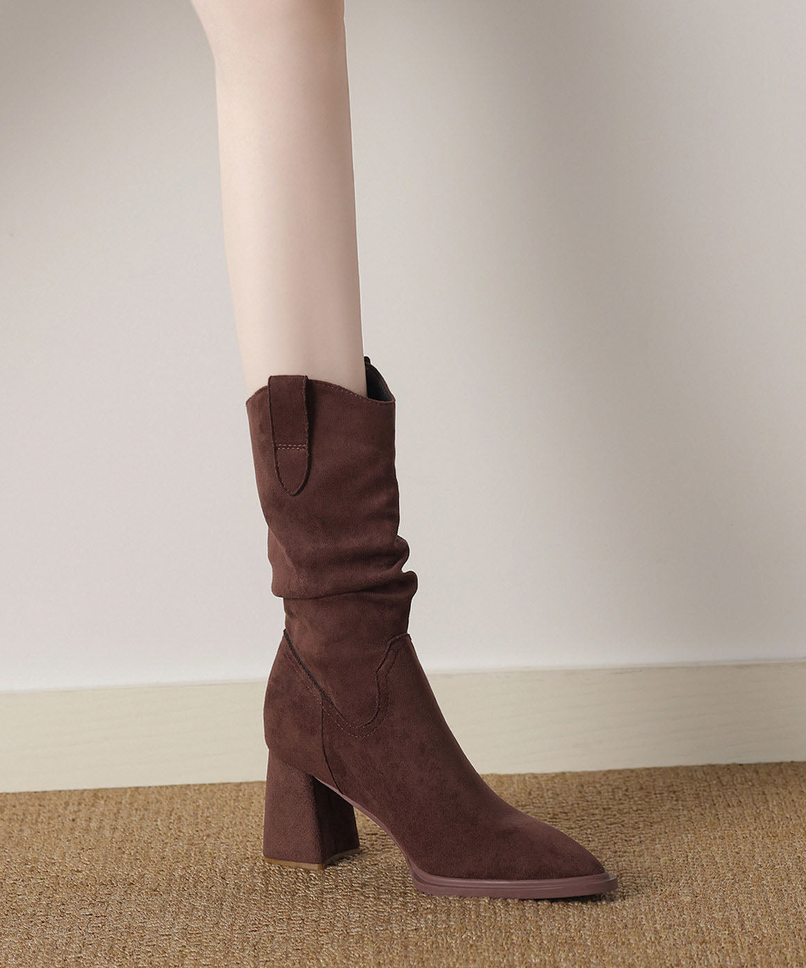 Retro Pointed Toe Chunky Boots Chocolate Faux Leather