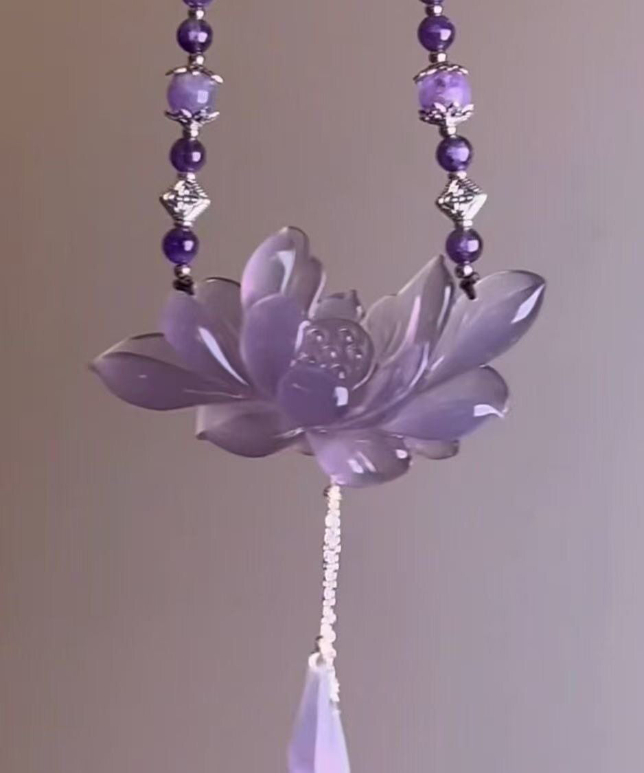 Retro Purple Alloy Pearl Lotus Pendant Necklace