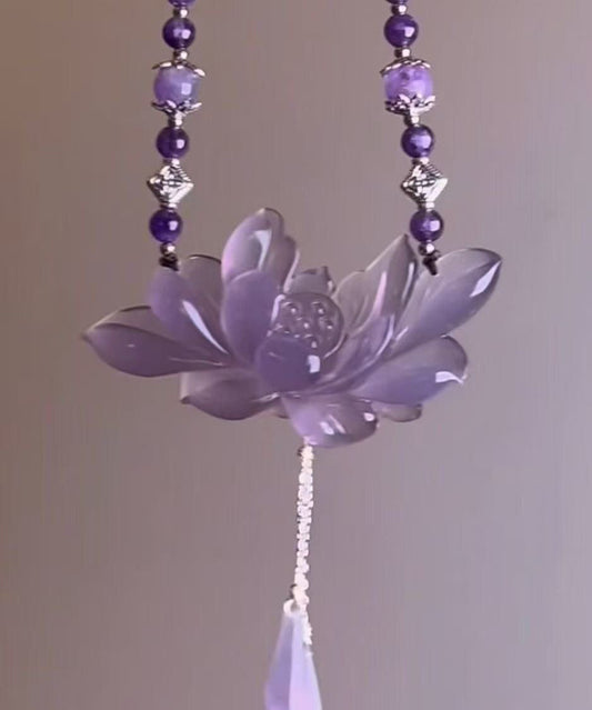 Retro Purple Alloy Pearl Lotus Pendant Necklace