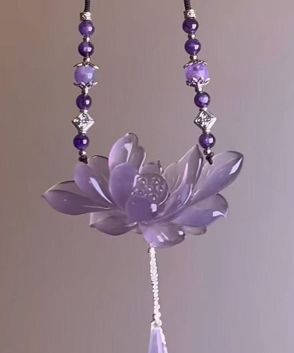 Retro Purple Alloy Pearl Lotus Pendant Necklace