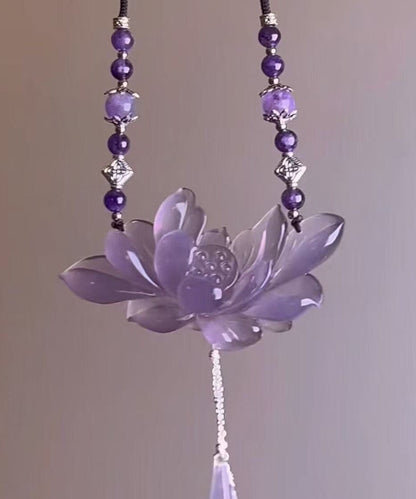 Retro Purple Alloy Pearl Lotus Pendant Necklace