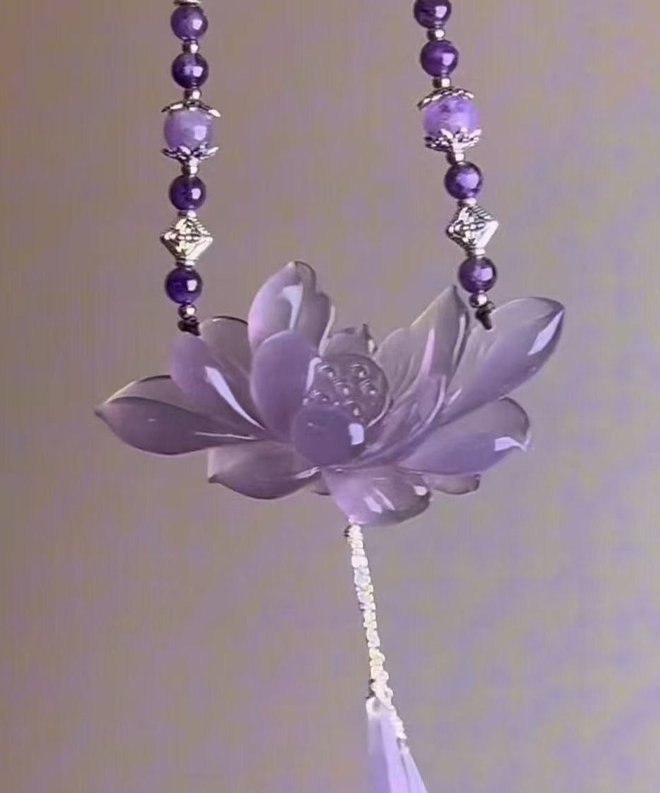Retro Purple Alloy Pearl Lotus Pendant Necklace