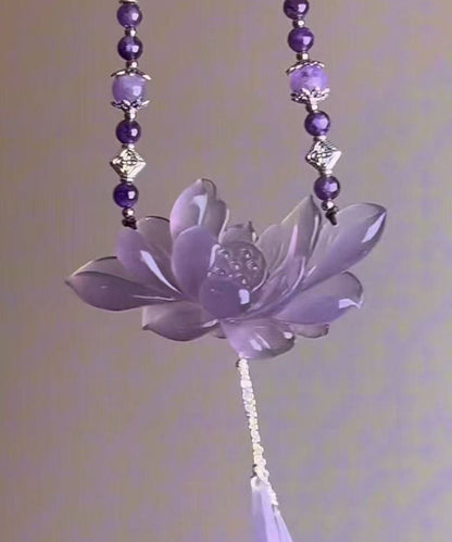 Retro Purple Alloy Pearl Lotus Pendant Necklace
