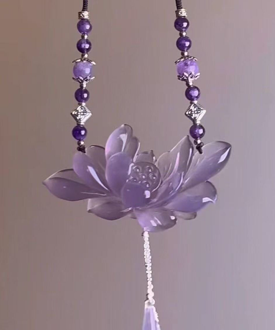 Retro Purple Alloy Pearl Lotus Pendant Necklace