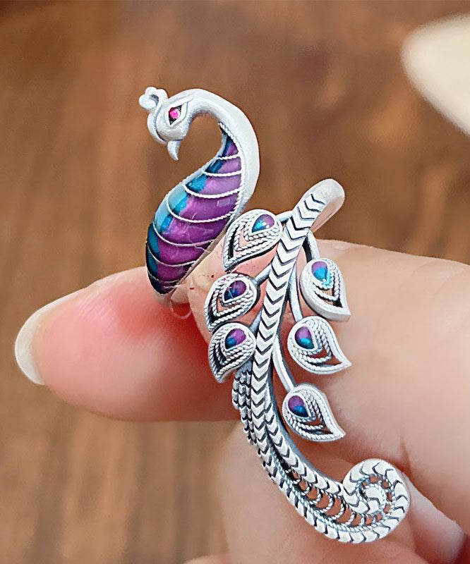 Retro Purple Copper Hollow Out Enamel Phoenix Open Rings