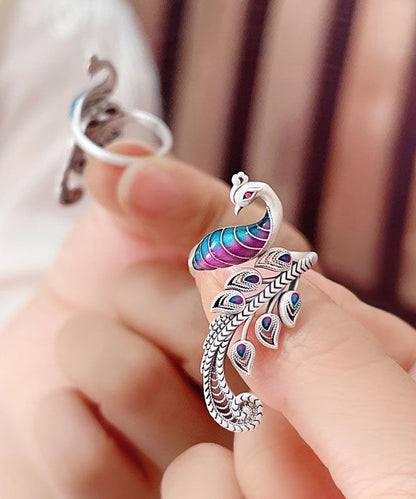 Retro Purple Copper Hollow Out Enamel Phoenix Open Rings