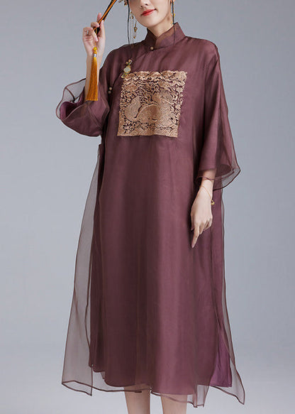 Retro Purple Embroidered Silk Oriental Dress Summer
