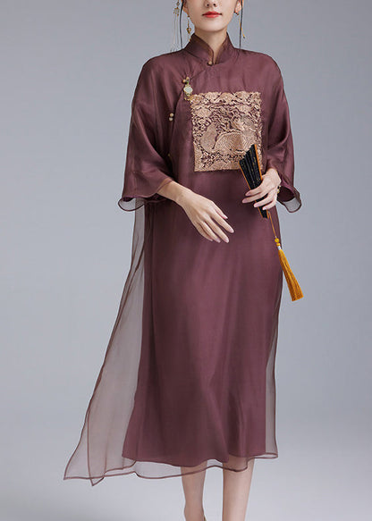 Retro Purple Embroidered Silk Oriental Dress Summer