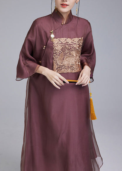 Retro Purple Embroidered Silk Oriental Dress Summer