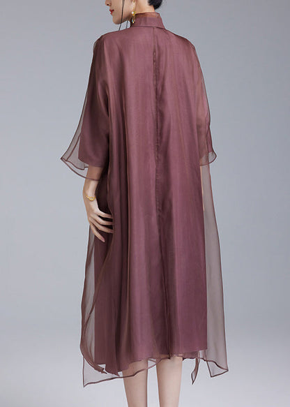 Retro Purple Embroidered Silk Oriental Dress Summer