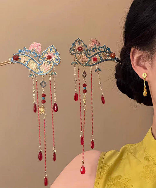 Retro Red Alloy Hollow Out Cloisonne Floral Tassel A Pair Hairpin