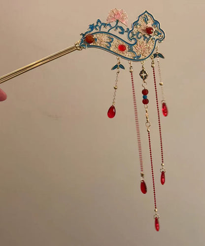 Retro Red Alloy Hollow Out Cloisonne Floral Tassel A Pair Hairpin