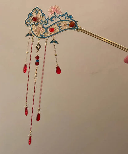 Retro Red Alloy Hollow Out Cloisonne Floral Tassel A Pair Hairpin