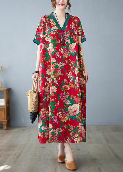 Retro Red Oversized Print Cotton Maxi Dresses Summer