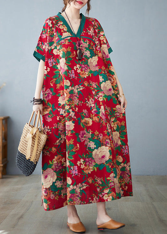 Retro Red Oversized Print Cotton Maxi Dresses Summer
