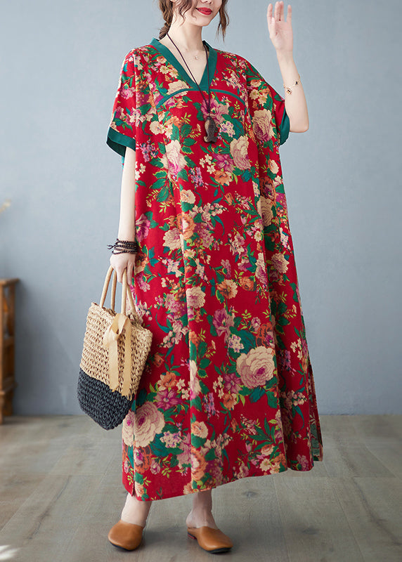 Retro Red Oversized Print Cotton Maxi Dresses Summer