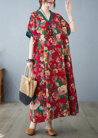 Retro Red Oversized Print Cotton Maxi Dresses Summer