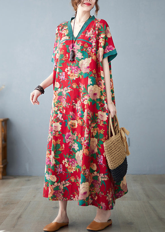 Retro Red Oversized Print Cotton Maxi Dresses Summer