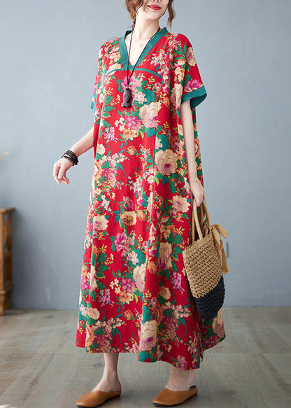 Retro Red Oversized Print Cotton Maxi Dresses Summer