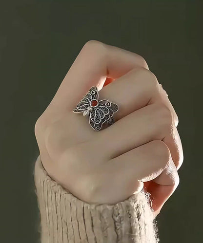 Retro Red Sterling Silver Agate Butterfly Hollow Out Rings