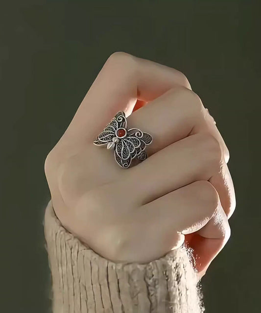 Retro Red Sterling Silver Agate Butterfly Hollow Out Rings