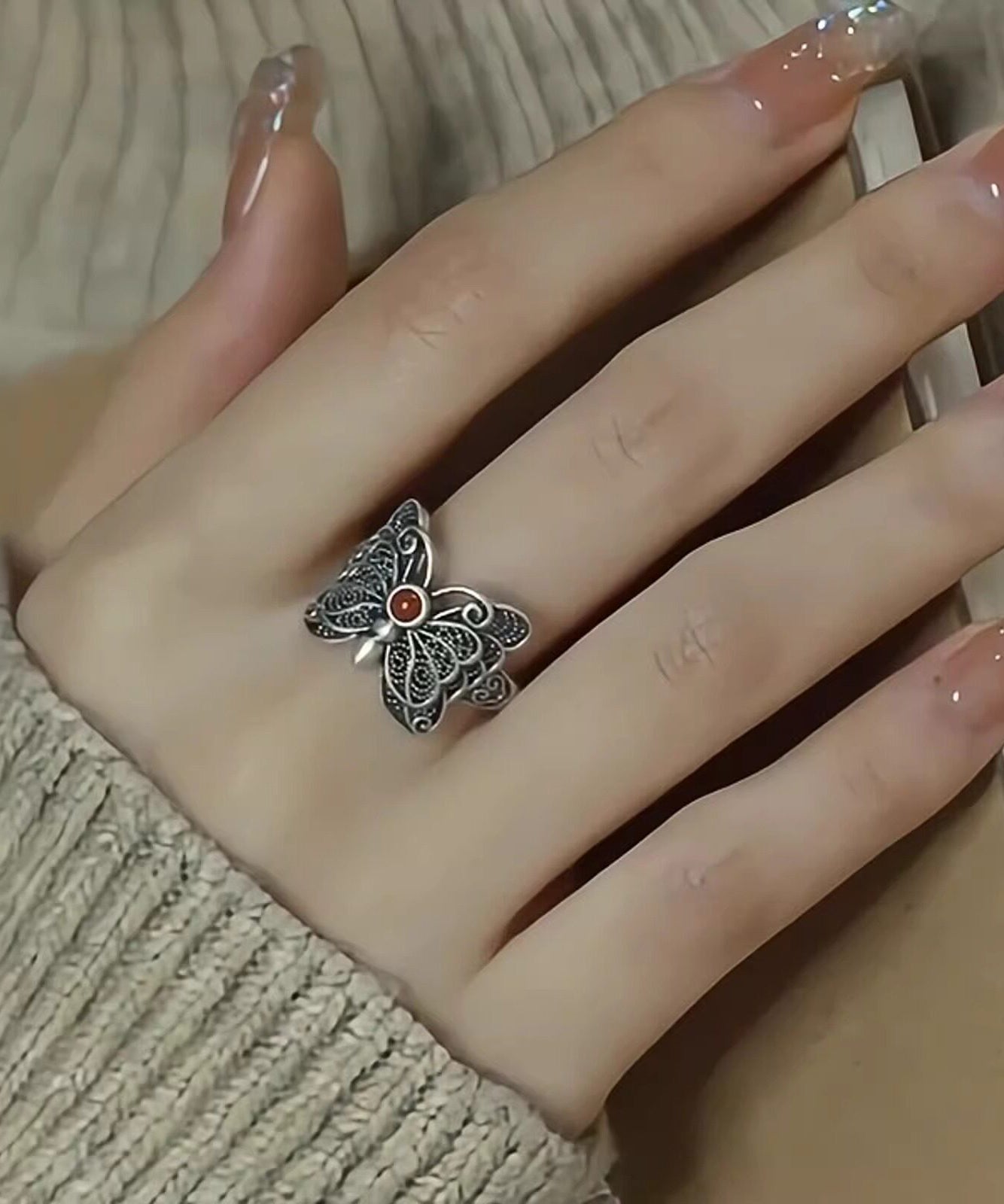 Retro Red Sterling Silver Agate Butterfly Hollow Out Rings