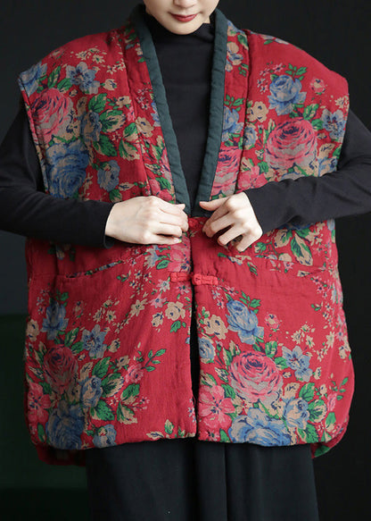 Retro Red V Neck Print Button Warm Fleece Waistcoat Winter