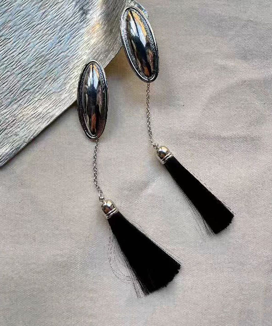 Retro Silk Mirror Silver Plated Silver Needle Long Chain Tassel Drop Earrings