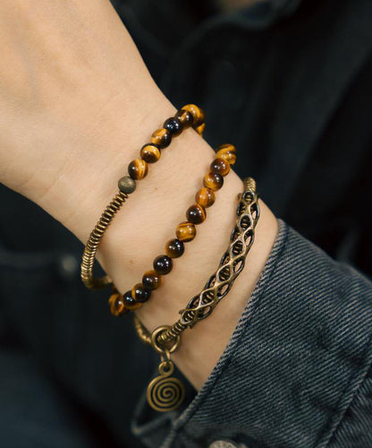 Retro Tiger Eye Stone Copper Mixed Multi Loop Bead Unisex Bracelet