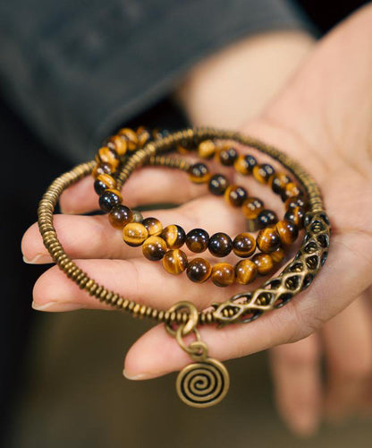 Retro Tiger Eye Stone Copper Mixed Multi Loop Bead Unisex Bracelet