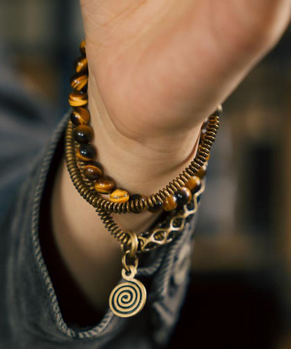 Retro Tiger Eye Stone Copper Mixed Multi Loop Bead Unisex Bracelet