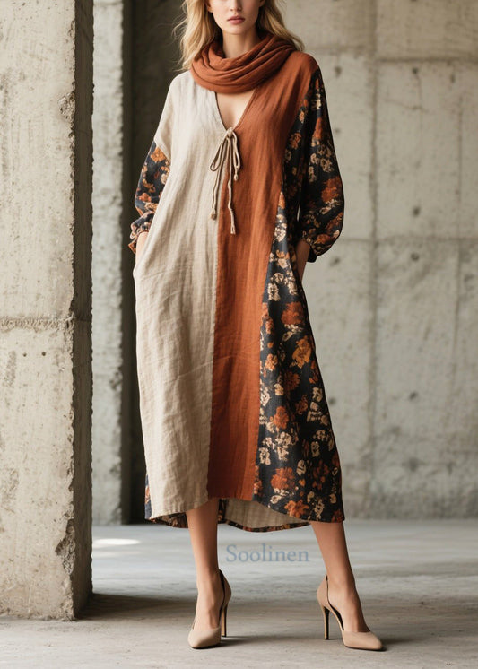 Retro V Neck Patchwork Print Cotton Vacation Dress Fall