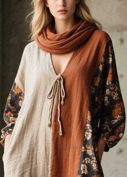 Retro V Neck Patchwork Print Cotton Vacation Dress Fall