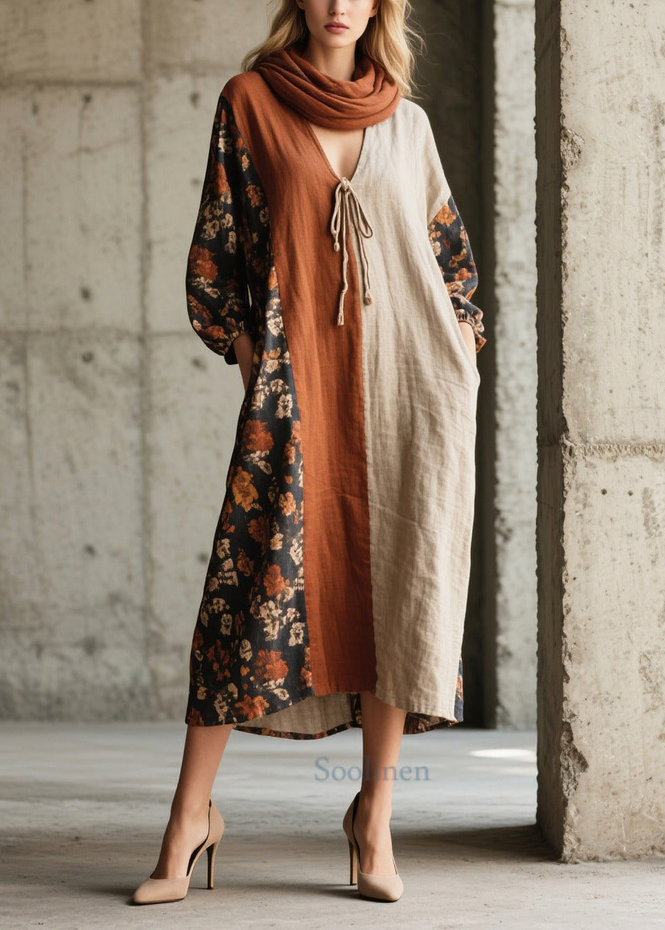 Retro V Neck Patchwork Print Cotton Vacation Dress Fall