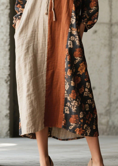 Retro V Neck Patchwork Print Cotton Vacation Dress Fall