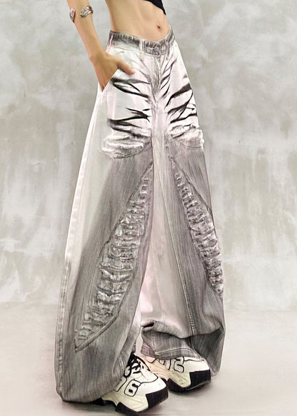 Retro White High Waist Hole Wide Leg Jeans