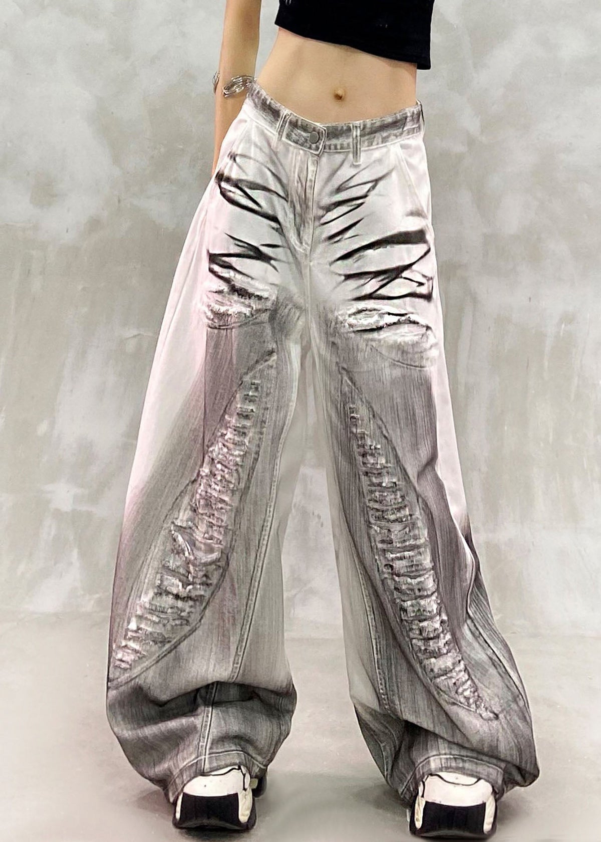 Retro White High Waist Hole Wide Leg Jeans
